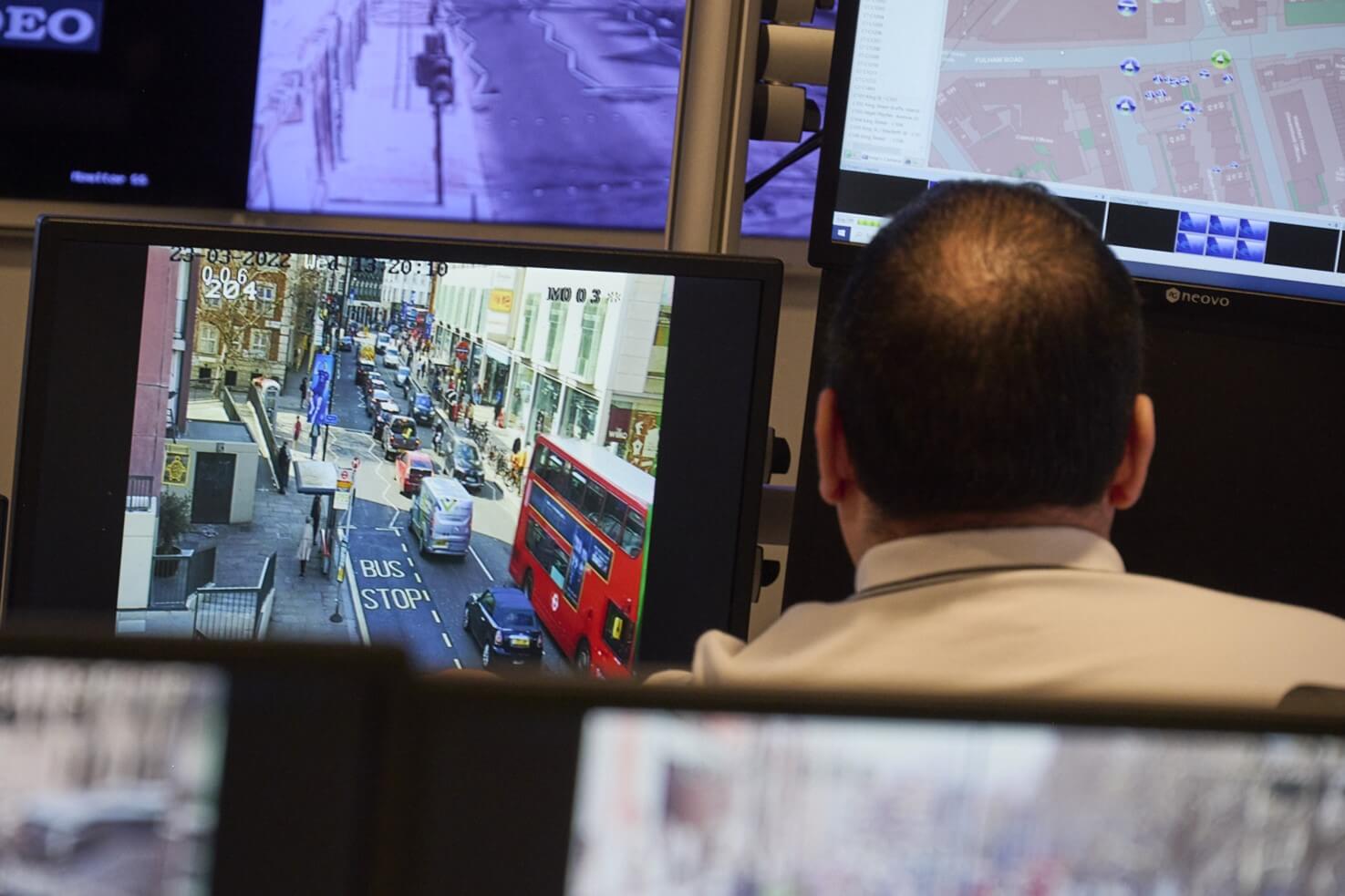 H&F CCTV operator reviewing footage of Fulham Broadway