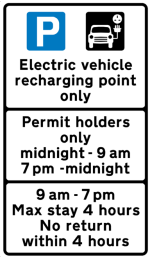 Parking sign showing restrictions for residential electric vehicle bays. It shows an icon of a P for parking on a blue square and another icon showing a car with a plug on a black square. The restrictions are described in the text that follows the image.
