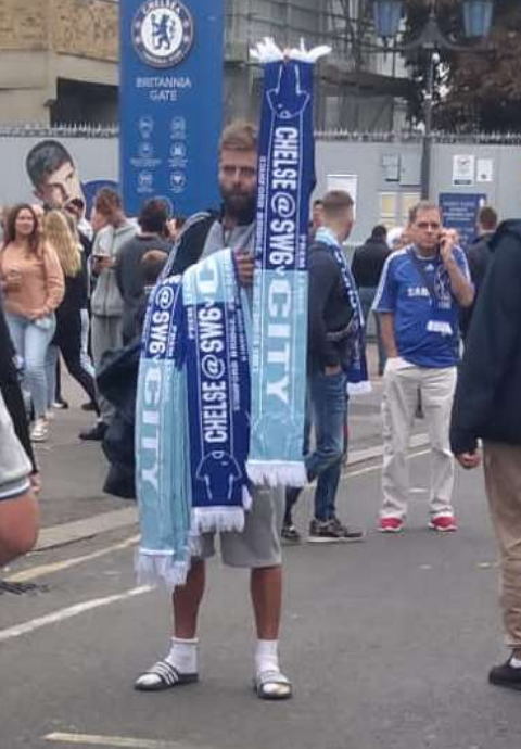 Samuel Wilson outside Chelsea’s Stamford Bridge stadium