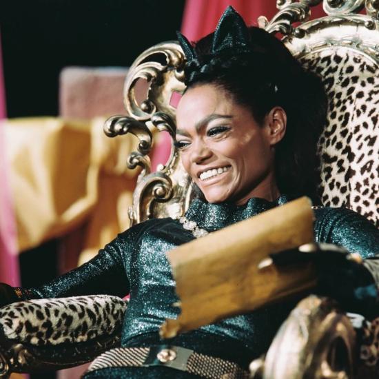 Kitt in costume sitting in a leopard skin covered chair in a publicity still issued for the US television series, 'Batman', USA, circa 1968. The series starred Kitt as 'Catwoman'. Credit: Getty Images