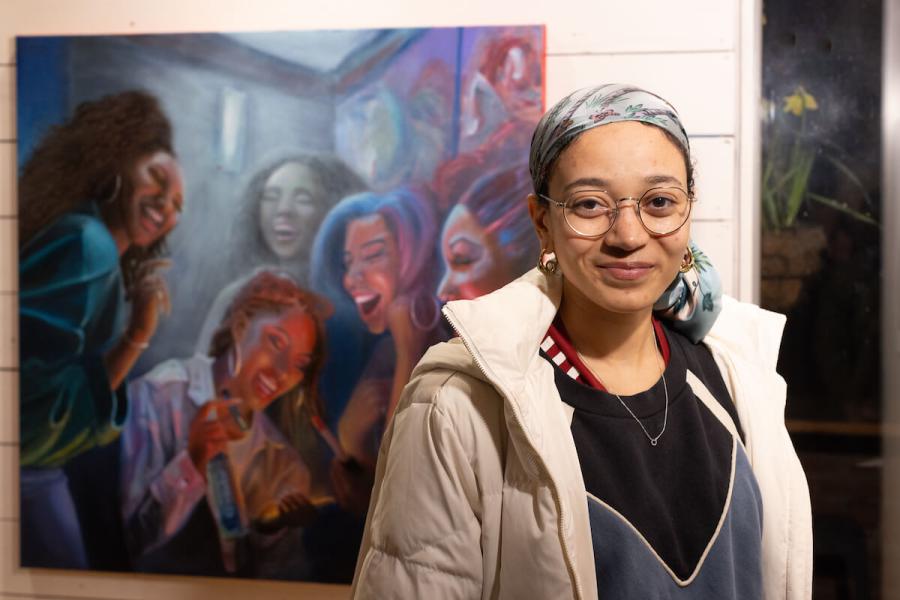 Rising Hammersmith star Negomi and her 'Girls Club Bathroom' oil painting
