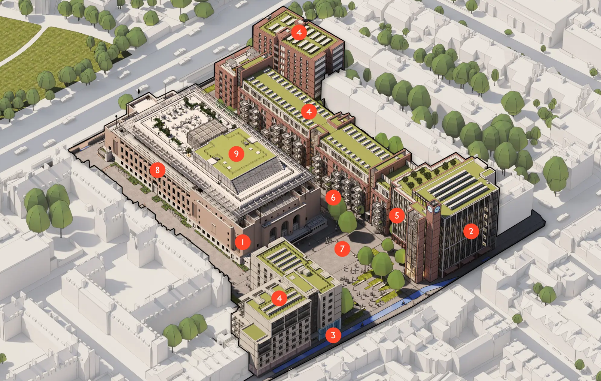 Architect’s rendering of the Civic Campus map, with important features marked out 1 to 9. The list can be found in the text separately.