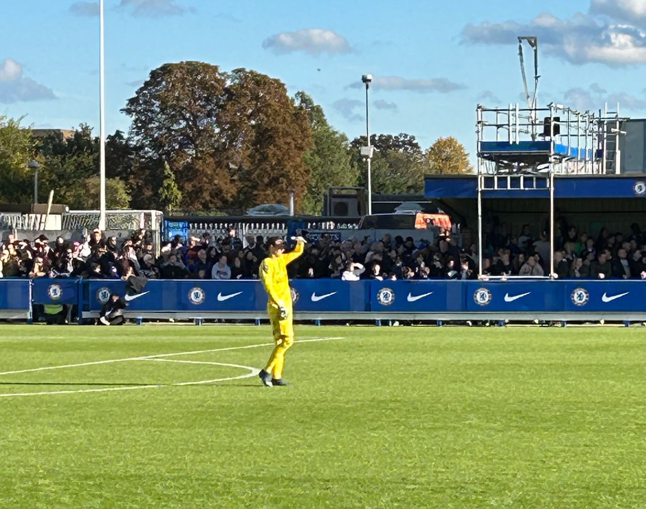 Chelsea goalkeeper Ann-Katrin Berger had to deal with the sun as well as the Brighton attack at Kingsmeadow.