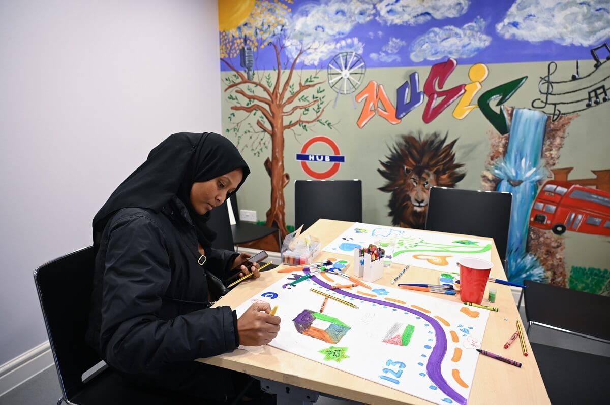 The hub’s art room with a mural painted by young people.