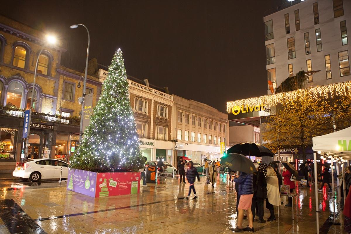 Christmas tree outside Livat Hammersmith on Lyric Square