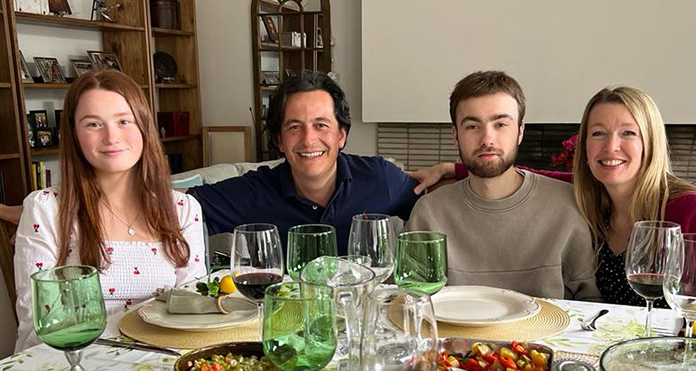 Martin Bell (centre left) who is taking on the Everest in the Alps ski challenge, pictured with his son Alex (centre right) and Alex’s mother Katie Bernard (far right)