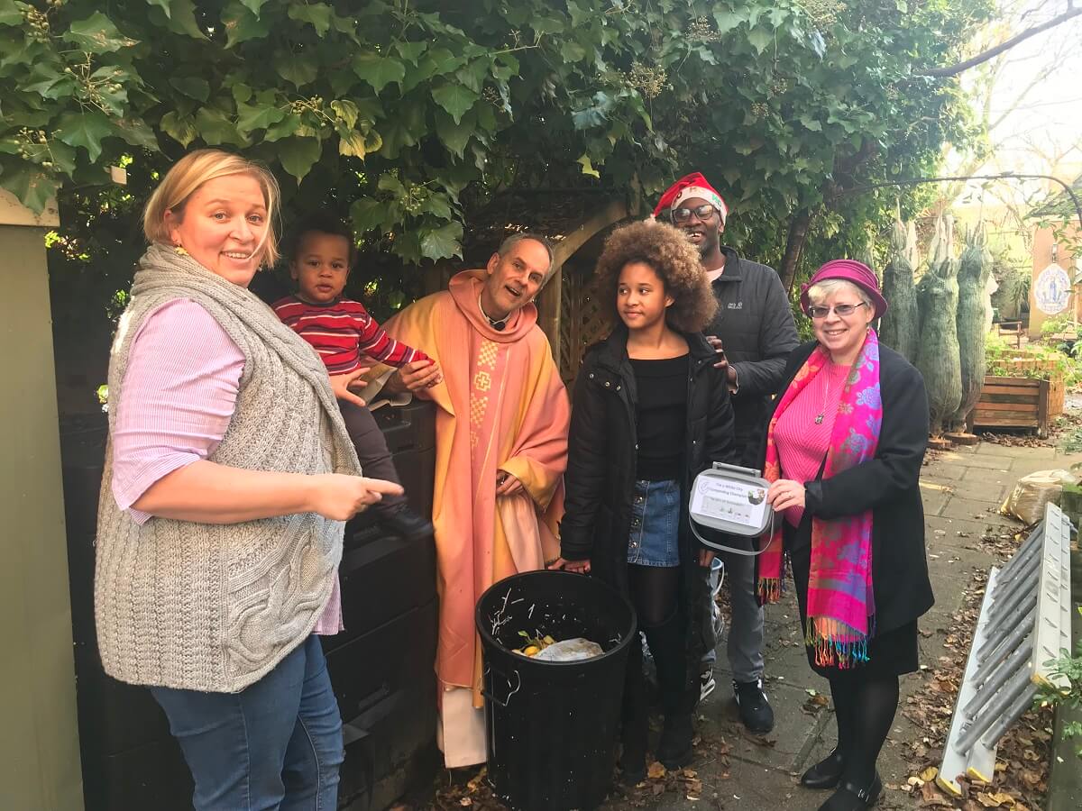 White City's Our Lady of Fatima church composts festive food scraps with their hot composter, funded by H&F's Climate Action Microgrants