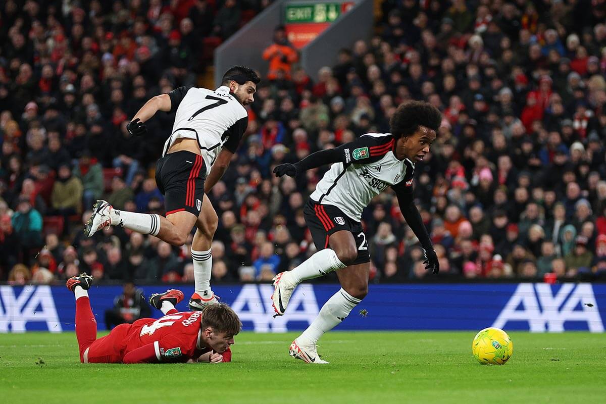 Willian scores for Fulham in the Carabao Cup semi-final against Liverpool at Anfield