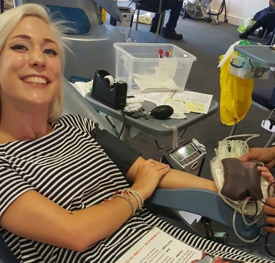 Charity worker Steph Ransome donating blood at a community session