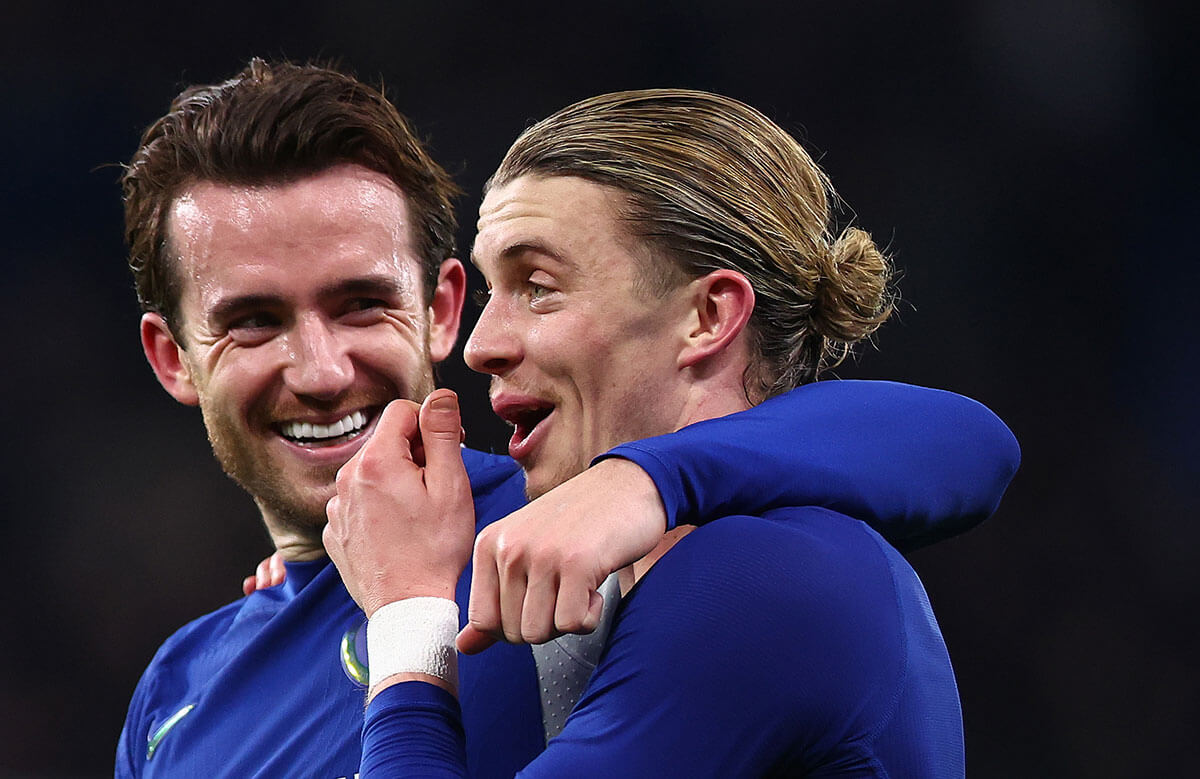Ben Chilwell (left) and Conor Gallagher (right) celebrate Chelsea's win at full time