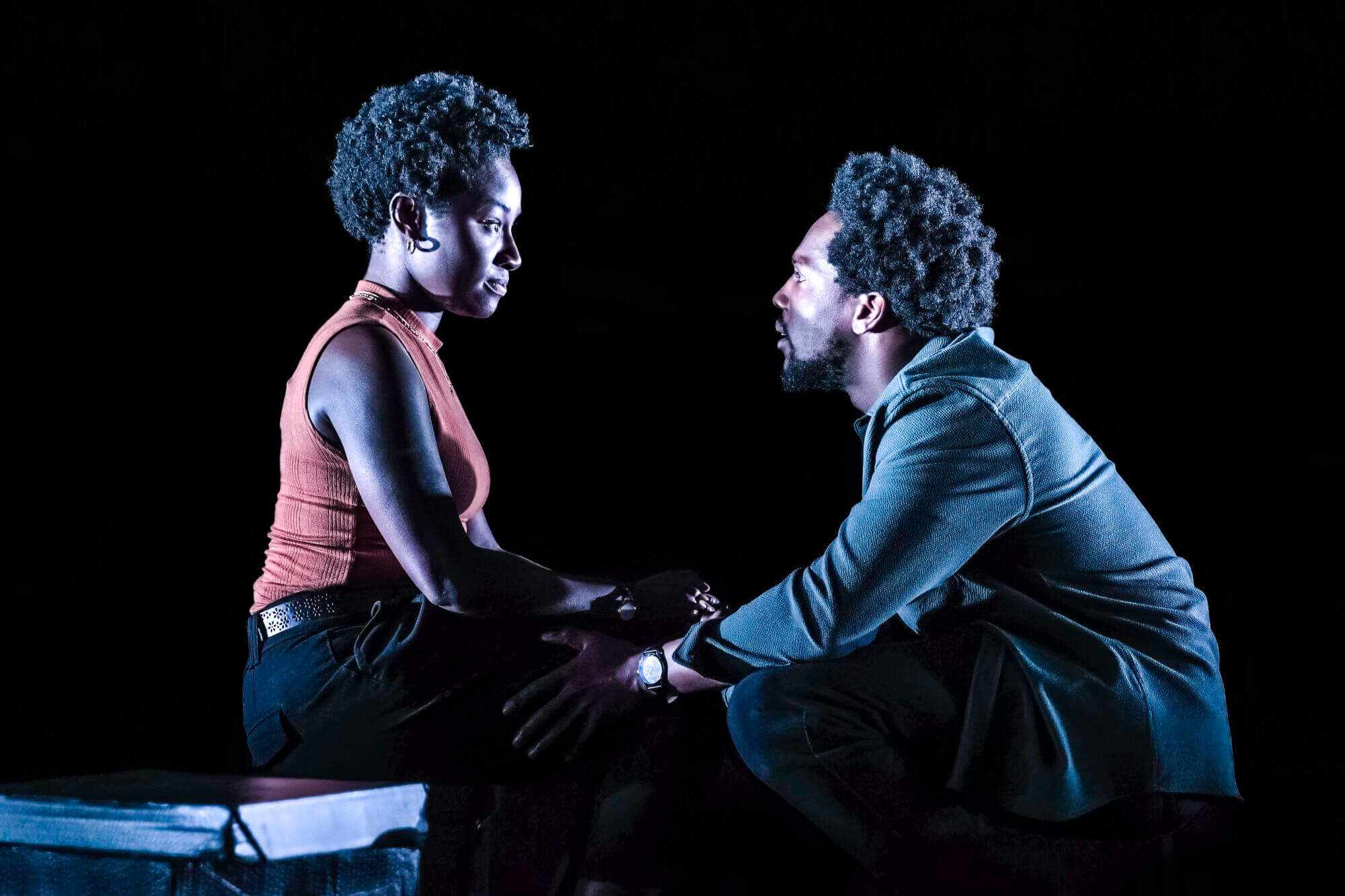 Pictured left to right are Heather Agyepong (Des) and Tosin Cole (Dre) in 'Shifters' at Bush Theatre