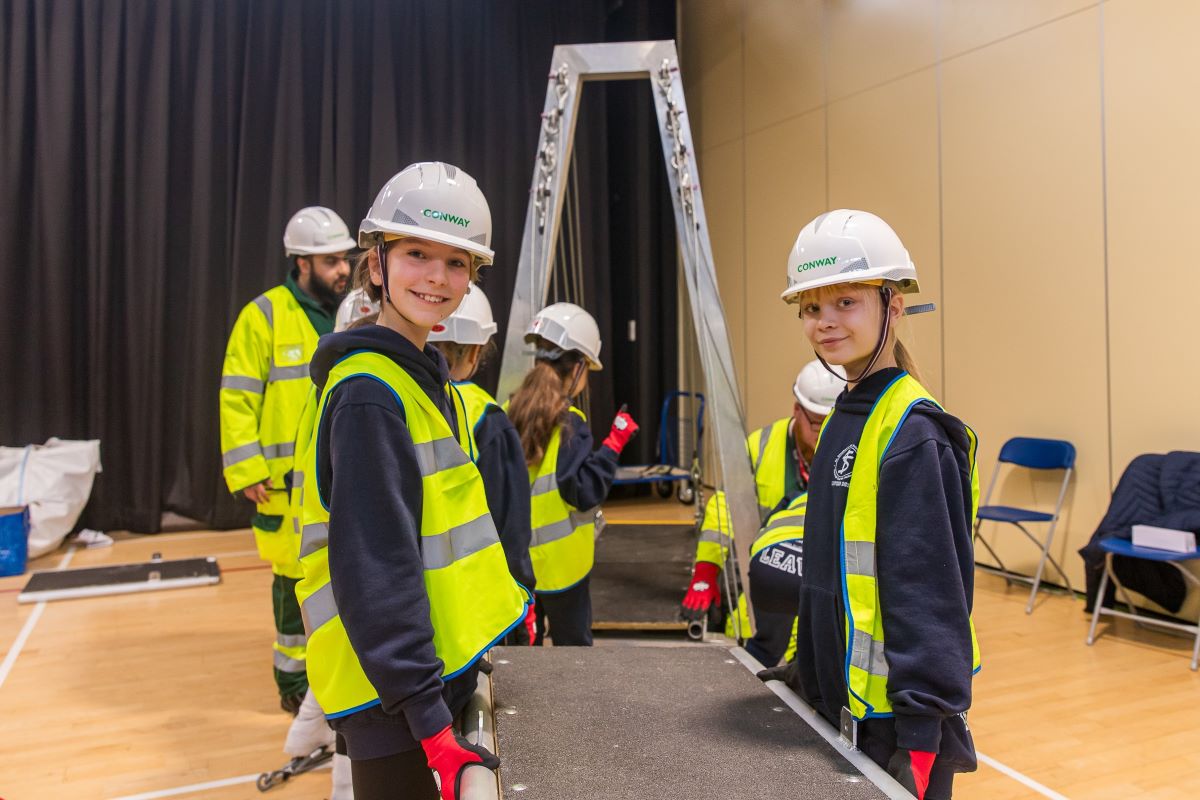 Students from St Stephen’s Church of England Primary school installing bridge platform