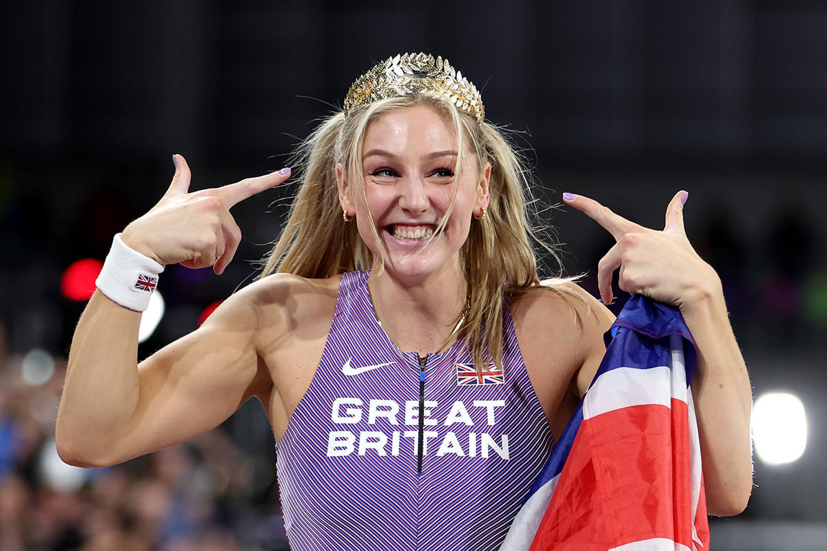 Gold medalist Molly Caudery of Team Great Britain celebrates after winning the women's pole vault final of the World Athletics Indoor Championships, Glasgow 2024