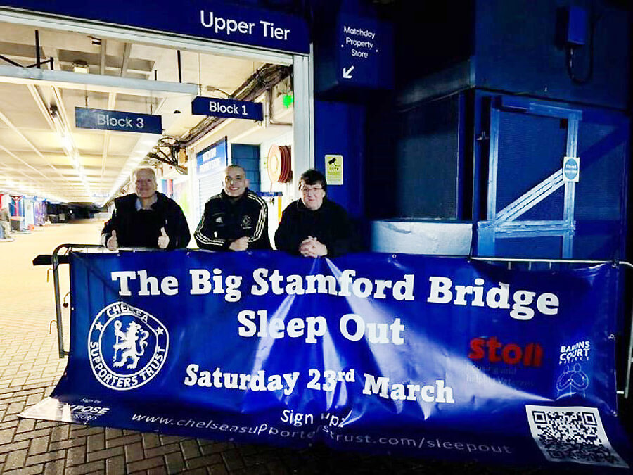 Chelsea fans preparing for their sleep out at Stamford Bridge
