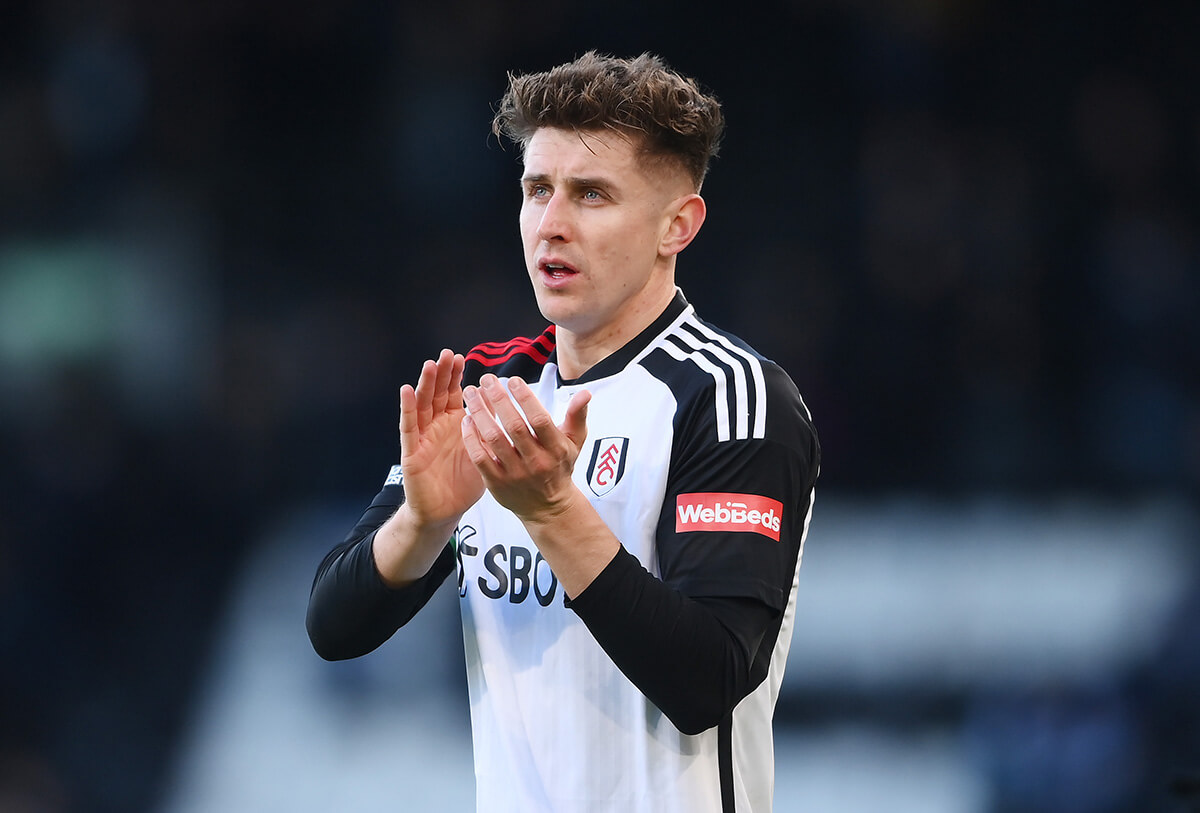 Tom Cairney acknowledges the fans after the match between Fulham and Brighton & Hove Albion