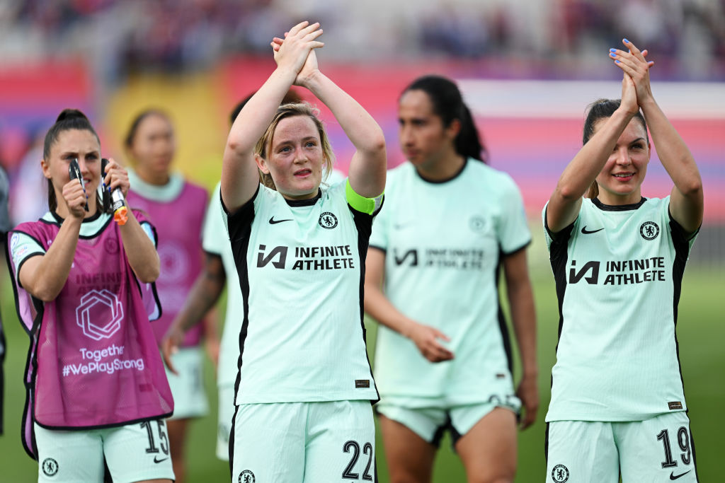 Eve Perisset, Erin Cuthbert and Johanna Rytting Kaneryd applaud the fans after the UEFA Women's Champions League semi-final first leg