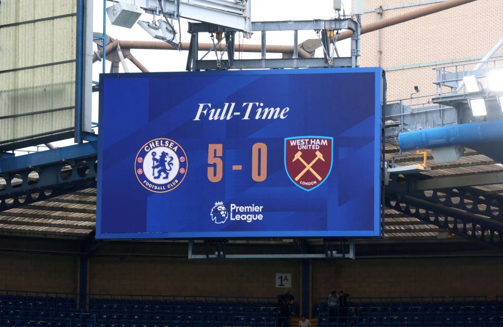 View of the scoreboard at full time at Stamford Bridge on Sunday