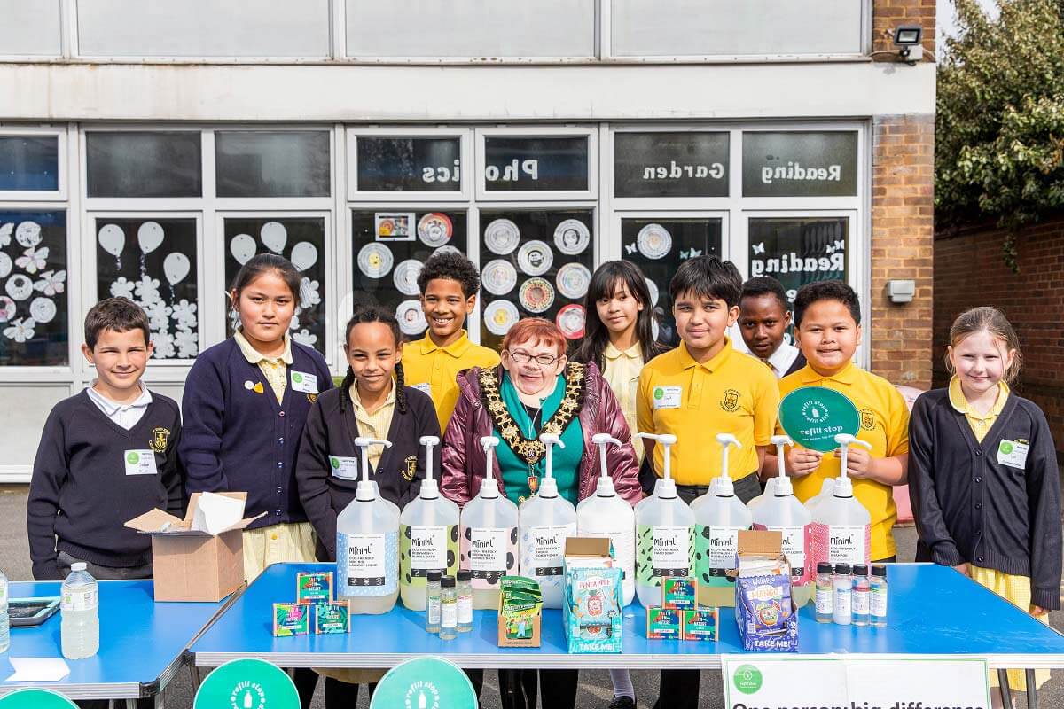 H&F Mayor Cllr Patricia Quigley (centre) joined students at the Refill Stop unveiling at St John XXIII Catholic Primary School