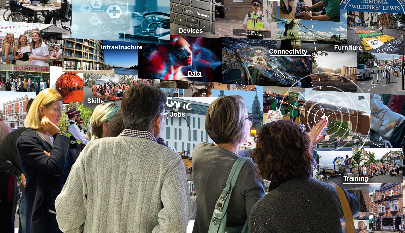 People standing infront of a large photo montage image of various scenes from around Hammersmith & Fulham to illustrate some key themes of inclusion including infrastructure, devices, connectivity, skills and training, jobs and more.