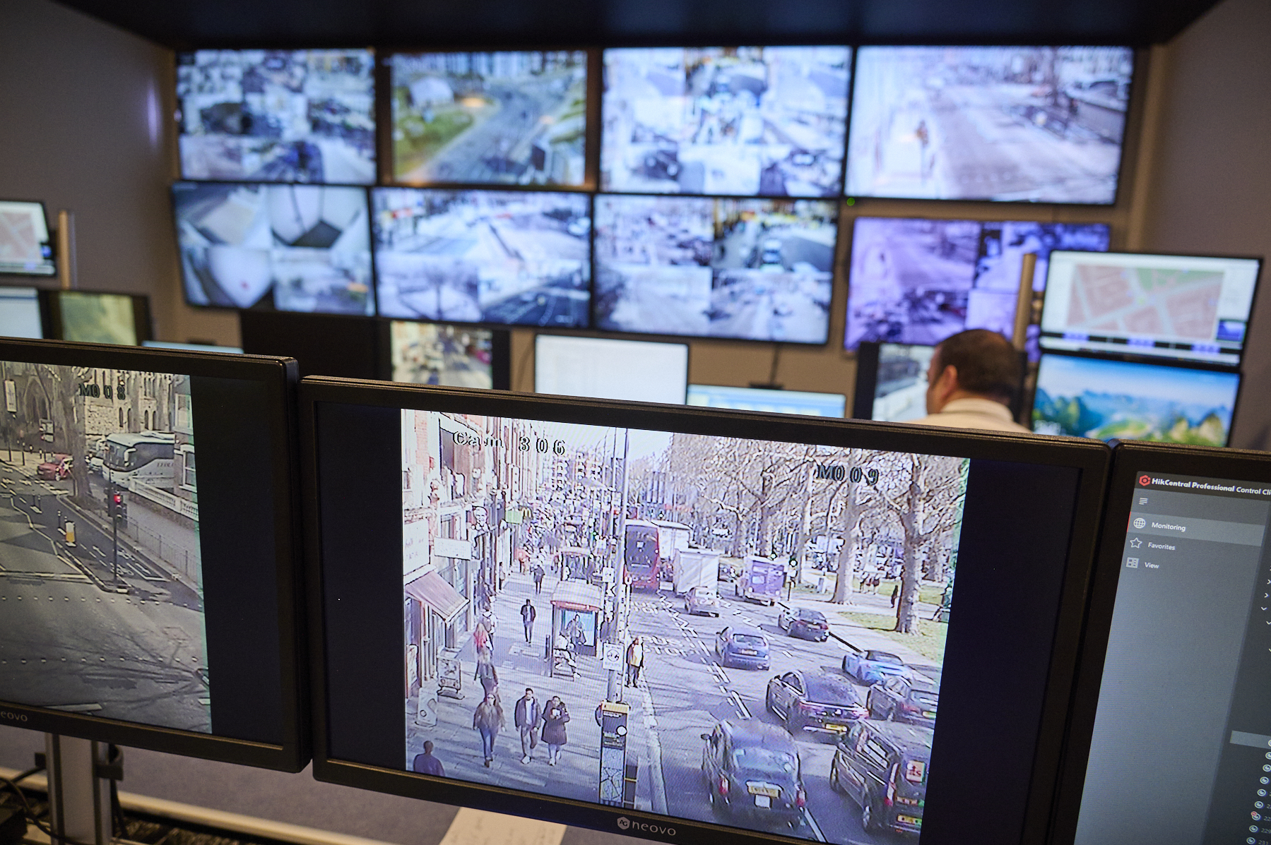 CCTV control room with lots of screens showing live CCTV footage from a street in Hammersmith & Fulham