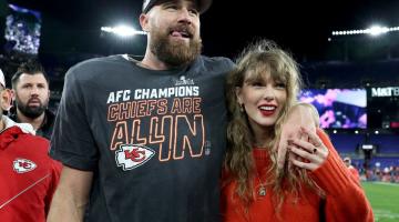 Travis Kelce (left) and Taylor Swift (right)