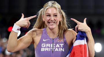 Gold medalist Molly Caudery of Team Great Britain celebrates after winning the women's pole vault final of the World Athletics Indoor Championships, Glasgow 2024