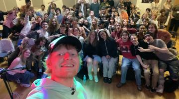 Ed Sheeran takes a selfie with staff and sixth formers at the Rhythm Studio