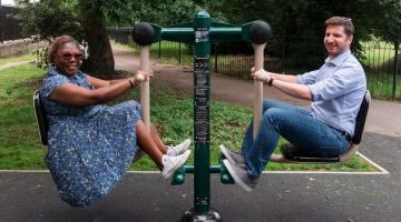 Cllr Sharon Holder (left), H&F Cabinet Member for Public Realm, and Dario Vianello (right), Friends of Hammersmith Park Japanese Garden, on the seated leg press