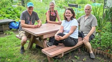 Pictured left to right at Fulham Palace Allotments are FHS show secretary Charles Dowson, member Nicole Coleman, member Rose Craston and FHS chair Eddie Robinson