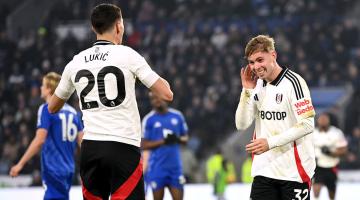 Emile Smith Rowe (right) celebrates with teammate Sasa Lukić after scoring Fulham's first goal