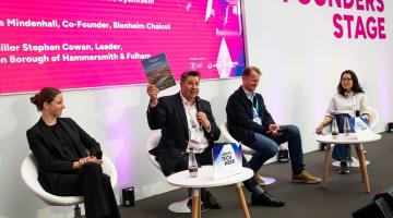 H&F Leader Stephen Cowan (centre) holds up a copy of our Upstream London industrial strategy at the Olympia London event. Pictured with Antoinette Nothomb, Co-Founder Cyanoskin (left); Charles Mindenhall, Co-founder of Blenheim Chalcot and Prema Gurunatha