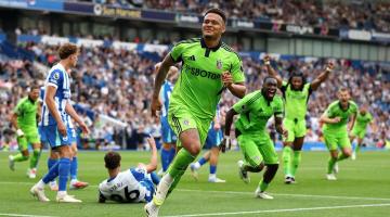 Rodrigo Muniz celebrates his 97th minute equaliser against Brighton