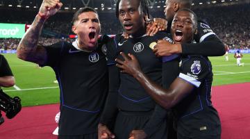 Trevoh Chalobah celebrates scoring Chelsea's fifth goal with Enzo Fernandez and Moises Caicedo