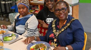 Left to right: Hub regular Valerie, hub floor supervisor Celina and H&F Mayor Cllr Sharon Holder