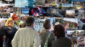 People standing infront of a large photo montage image of various scenes from around Hammersmith & Fulham to illustrate some key themes of inclusion including infrastructure, devices, connectivity, skills and training, jobs and more.