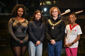 From left to right: Youth Parliament Member Ellaria Mengistu and Deputy Member Ealaf Al-Najar, with newly-elected H&F Youth Mayor Albi Fenner and Deputy Youth Mayor Precisa Getsevich