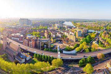 Aerial view of the A4 flyover and Hammersmith town centre
