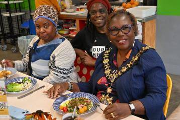From left: Hub regular Valerie, hub floor supervisor Celina and H&F Mayor Cllr Sharon Holder