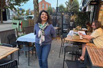 Gauri Nafrey stands outside Bridge Baker, Wandsworth Bridge Road branch