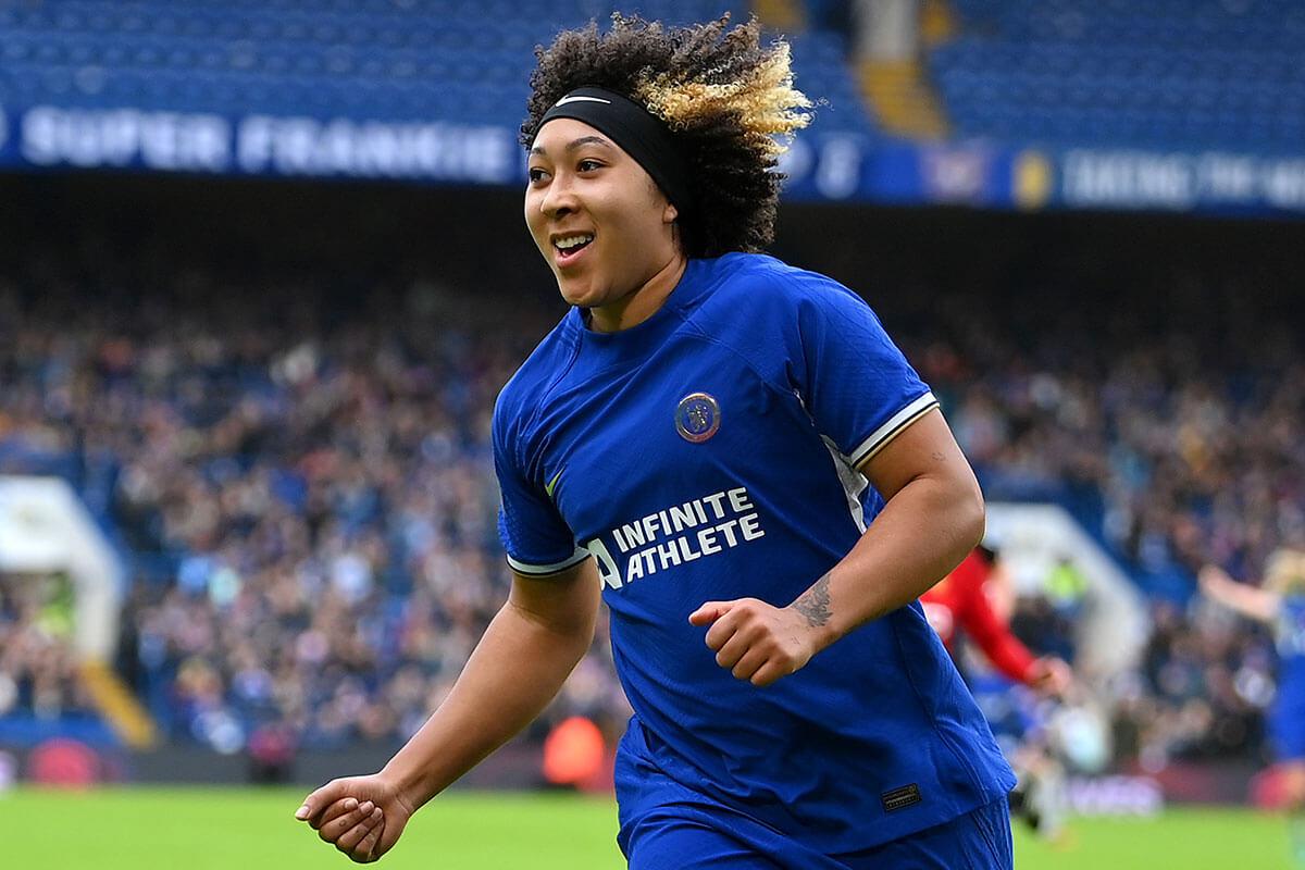 Lauren James celebrates scoring the second goal of her hat-trick against Manchester United at Stamford Bridge