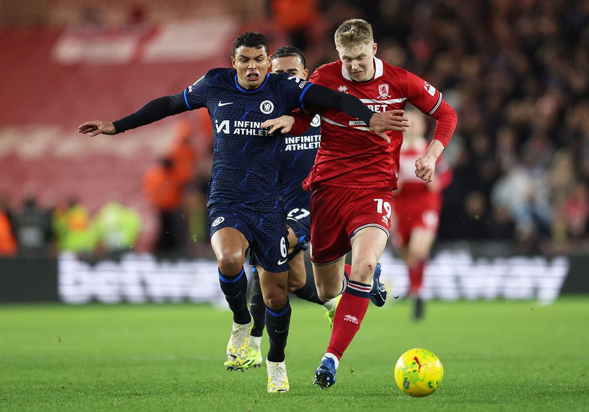 Chelsea's Thiago Silva (left) battles for the ball with Boro's Josh Coburn during the Riverside Stadium League Cup semi