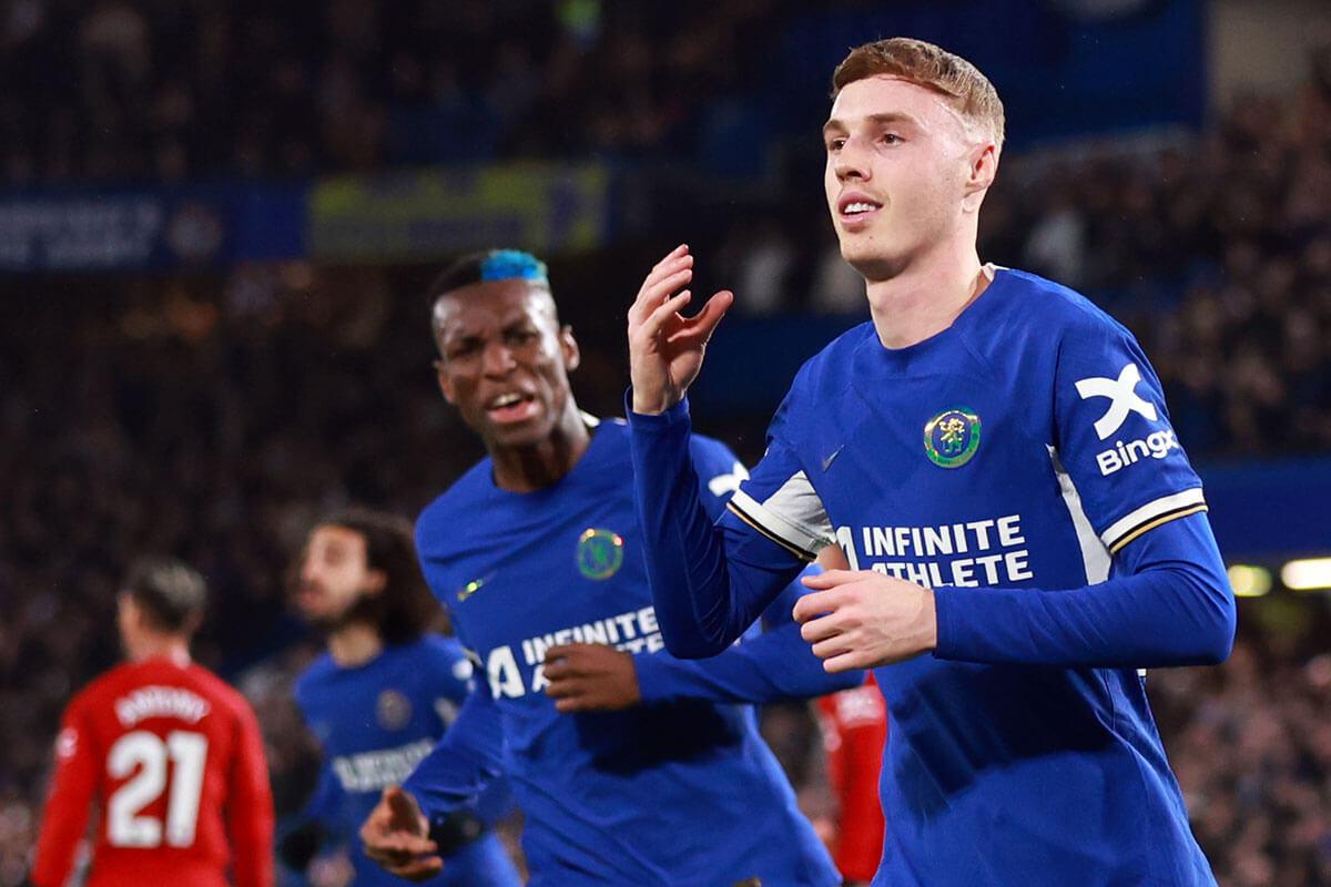 Cole Palmer celebrates scoring his first goal against United at Stamford Bridge