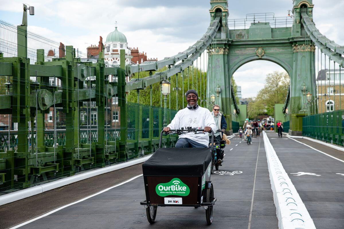 Residents cycle across Hammersmith Bridge