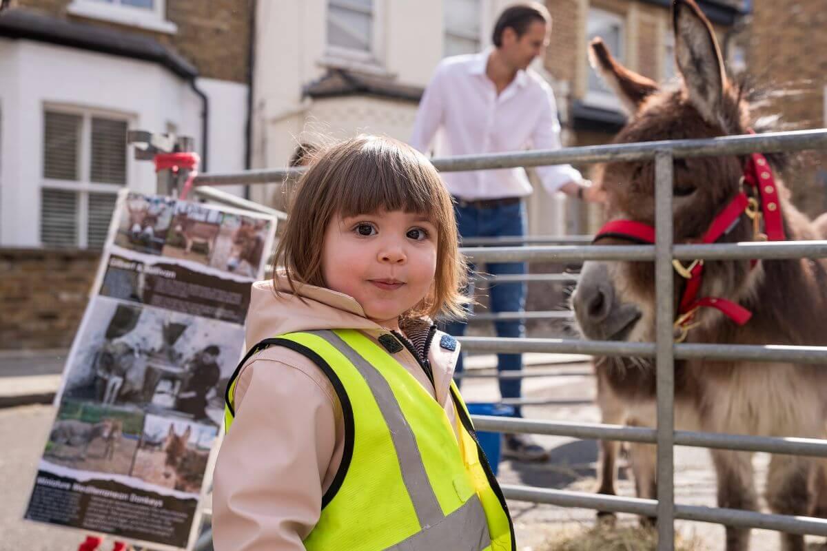 Young girl with donkey at Play Street in Moylan Road