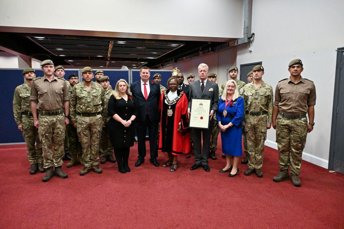 Number 17 Company stand with Cllr Sanderson (left), Cllr Cowan (centre left), Cllr Holder (centre), Major Rudy Vandaele-Kennedy (centre right) and Cllr Brown (right)