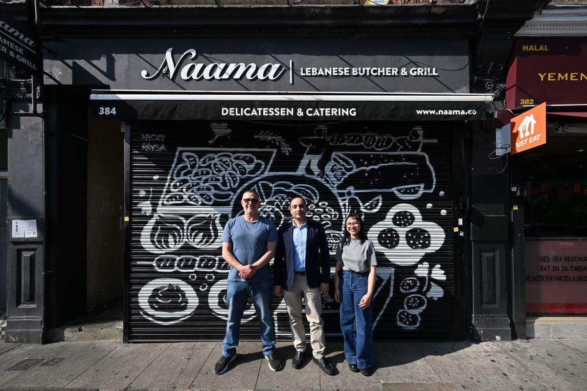 L-R: Moussa Merhi, director at Naama, Cllr Zarar Qayyum, H&F Cabinet Member for Enterprise and Skills, and Nicky Raysa de Tania, artist