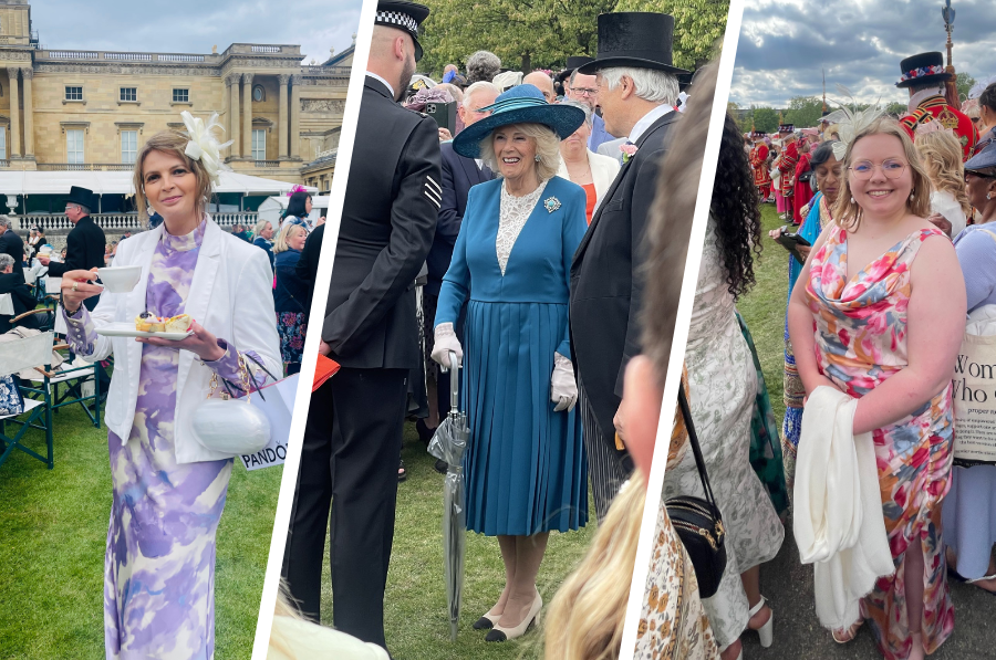 L-t-r: Andreea Rizea, Deputy Manager at the Nourish Hub, Her Majesty Queen Camilla and Helen Fielding, Education and Events Coordinator at the Nourish Hub