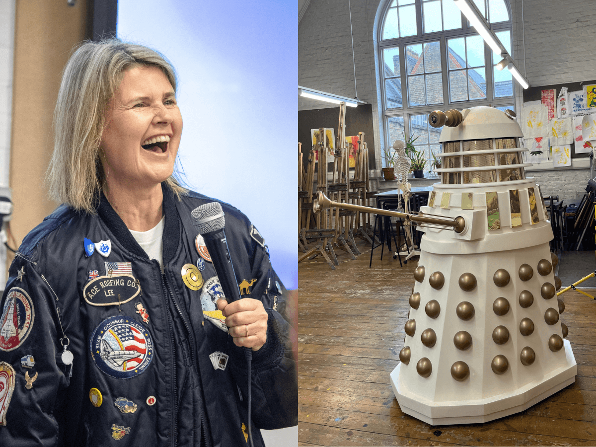 Sophie Aldred who played Ace (left) and a Dalek in the Macbeth Centre's art room (right)