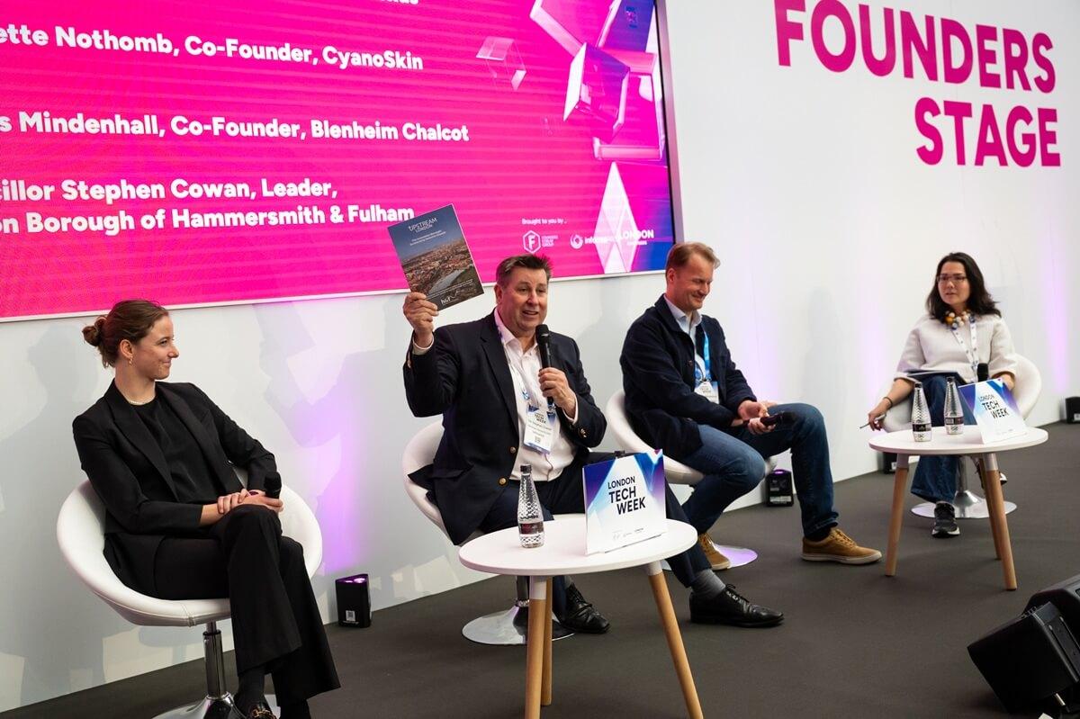 H&F Leader Stephen Cowan (centre) holds up a copy of our Upstream London industrial strategy at the Olympia London event. Pictured with Antoinette Nothomb, Co-Founder Cyanoskin (left); Charles Mindenhall, Co-founder of Blenheim Chalcot and Prema Gurunatha