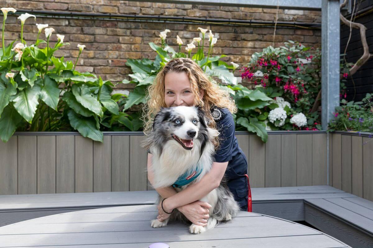 Blue the LFB wellbeing dog and Lucy MacLeod, Hammersmith & Fulham Borough Commander